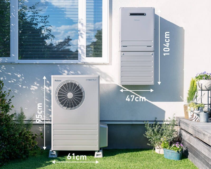 ヒートポンプ・タンクユニット：幅61cm 高さ95cm、ガス熱源機：幅47cm 高さ104cm