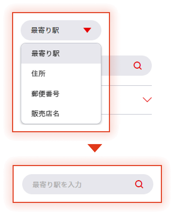 最寄り駅、住所、郵便番号、販売店名からの検索手順