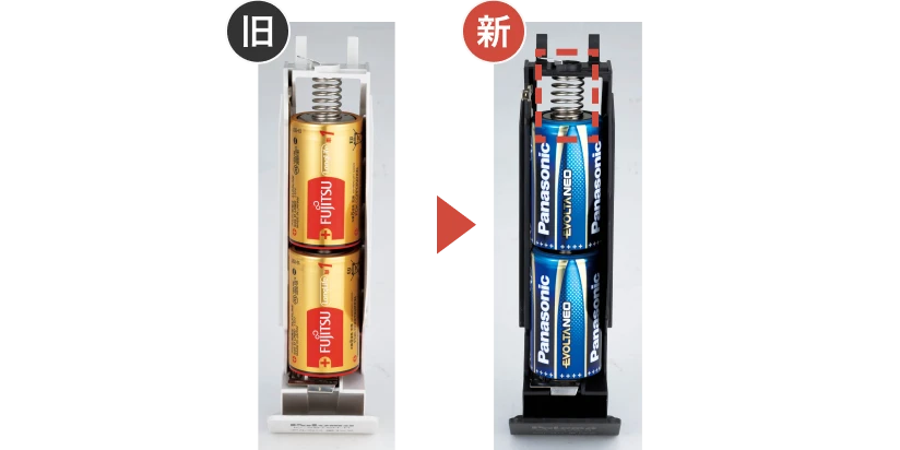 テーブルコンロの電池ケースの改善前（旧）と改善後（新：エボルタ使用可）の比較