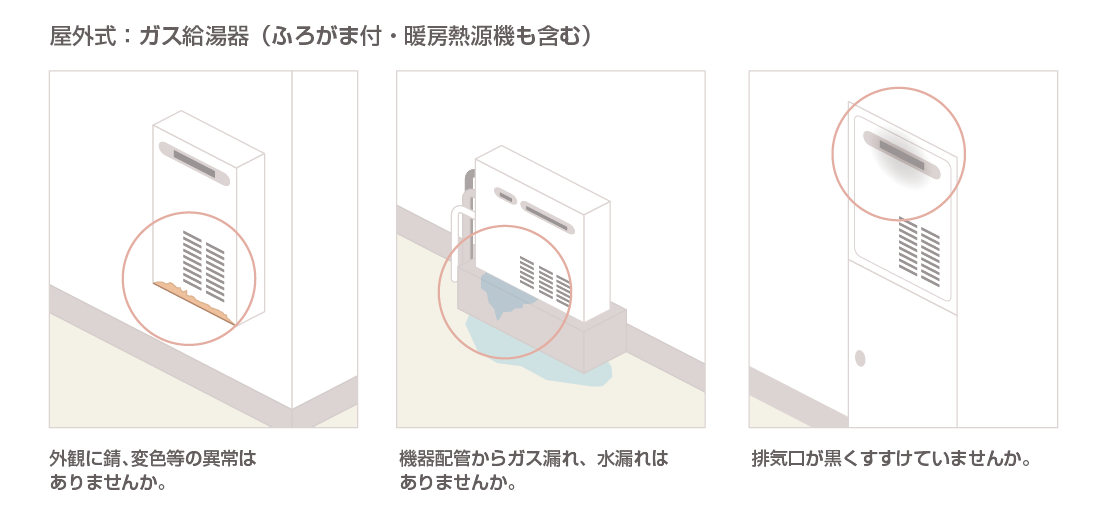 ガス給湯器をご使用の間ならいつでも点検を承ります。 また、以下の症状でお困りのお客さまもお気軽にあんしん点検をお申し込みください。 （お客さまの任意でのお申し込みとなります）