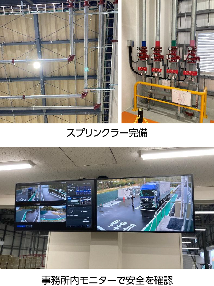 スプリンクラー完備・事務所内モニターで安全を確認