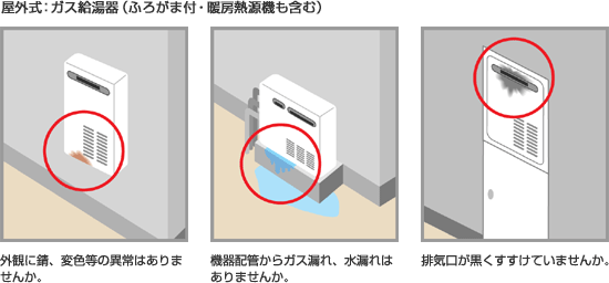 ガス給湯器をご使用の間ならいつでも点検を承ります。 また、以下の症状でお困りのお客さまもお気軽にあんしん点検をお申し込みください。 (お客さまの任意でのお申し込みとなります)